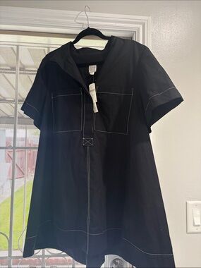 Maeve Black Asymmetrical Short-Sleeve Dress with White Contrast Stitching